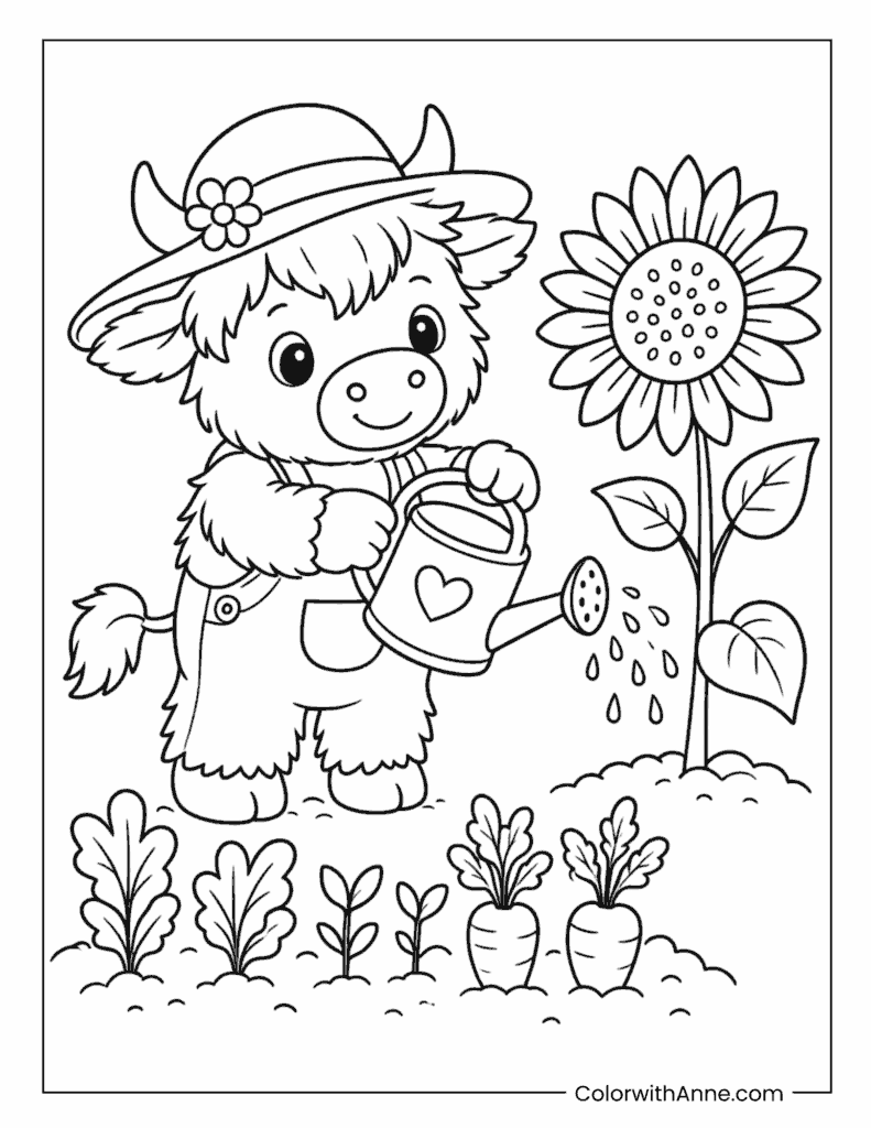 Highland Cow Gardening Beside Sunflower Coloring Page