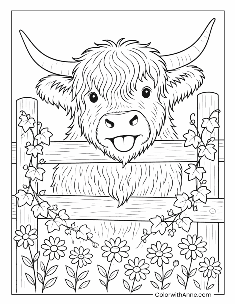 Highland Cow Peeking Through Flower Fence Coloring Page