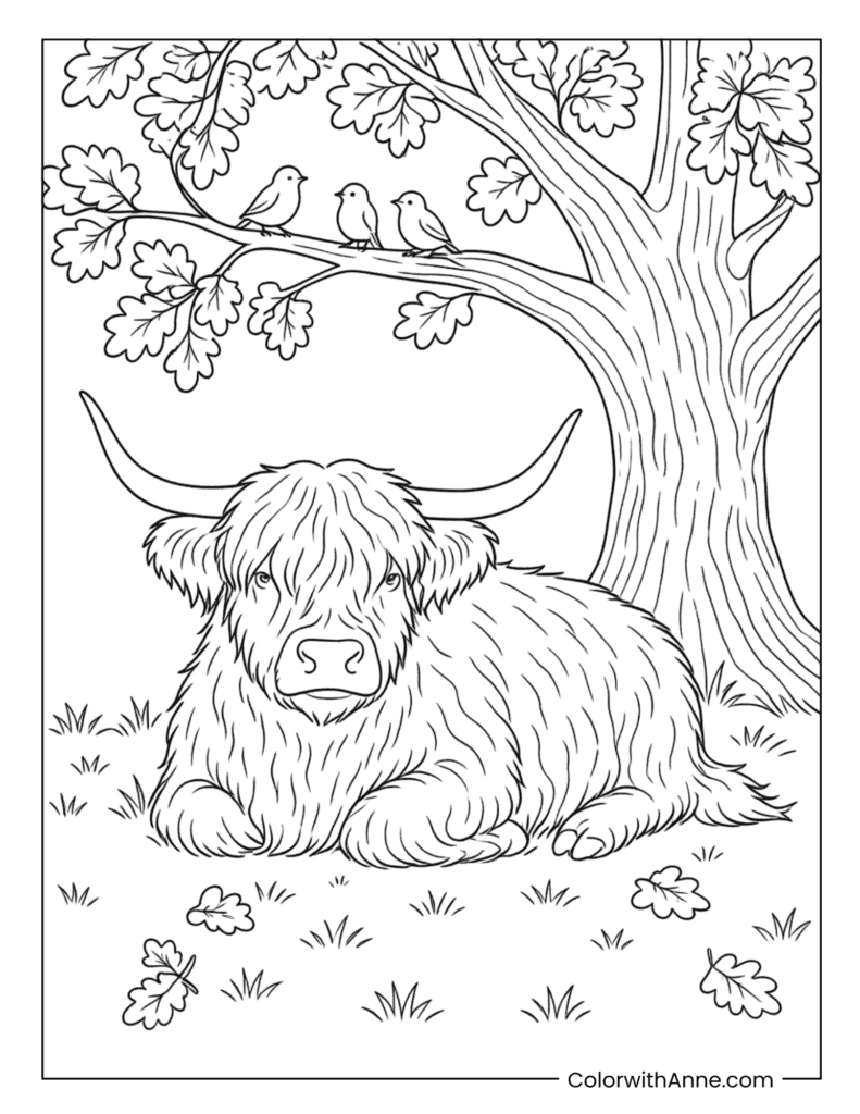 Highland Cow Resting Under Tree Coloring Page