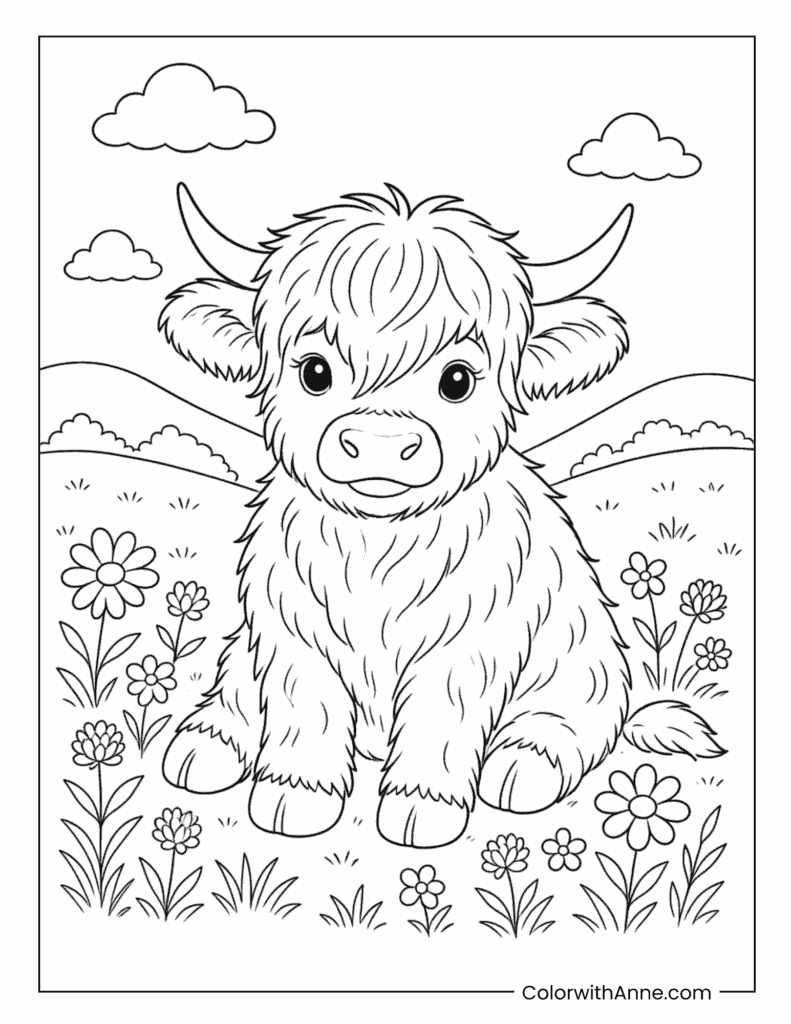 Highland Cow Sitting Among Flowers Coloring Page