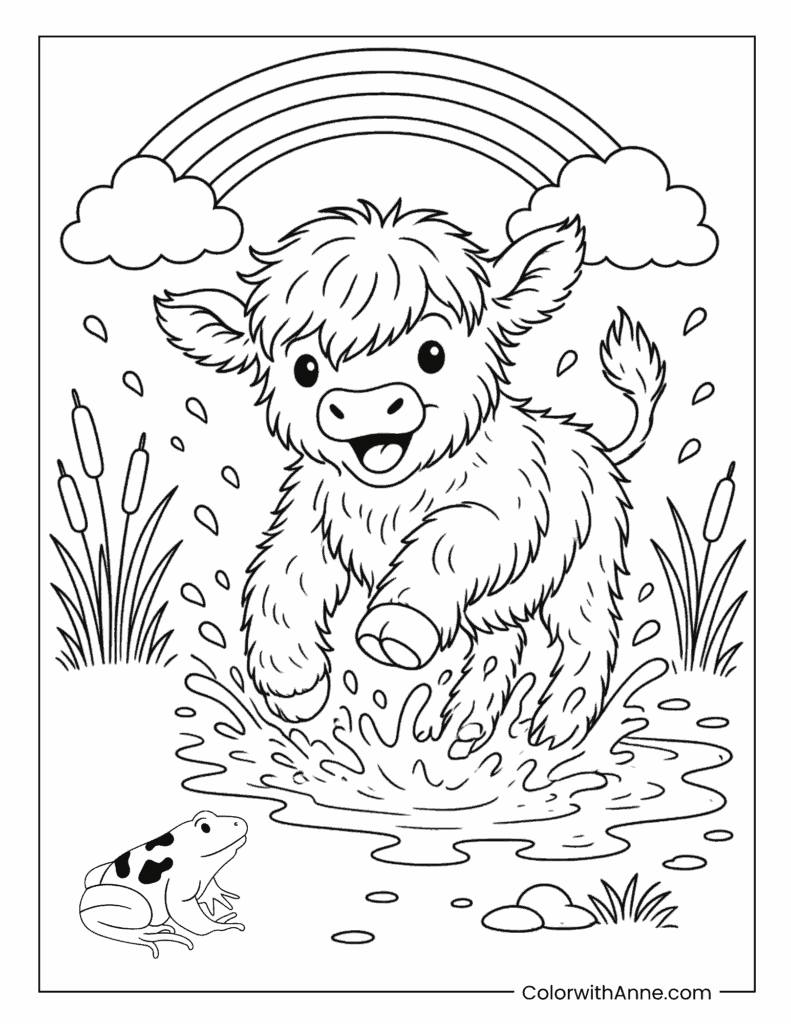 Highland Cow Splashed In Pond Coloring Page