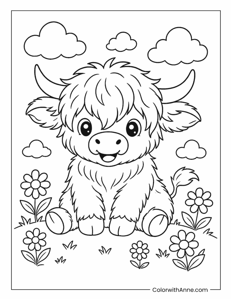 Highland Cow Standing Among Flowers Coloring Page