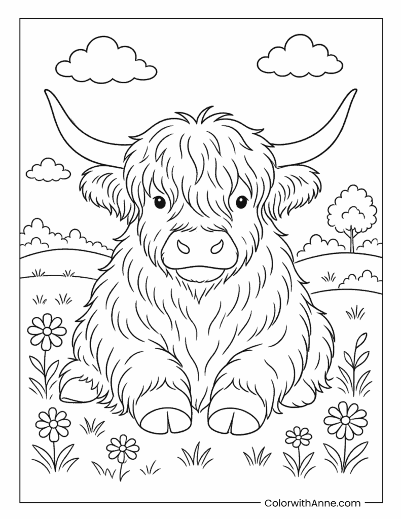 Highland Cow Standing In Flower Meadow Coloring Page
