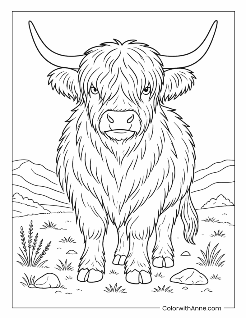 Highland Cow Standing In Highland Field Coloring Page