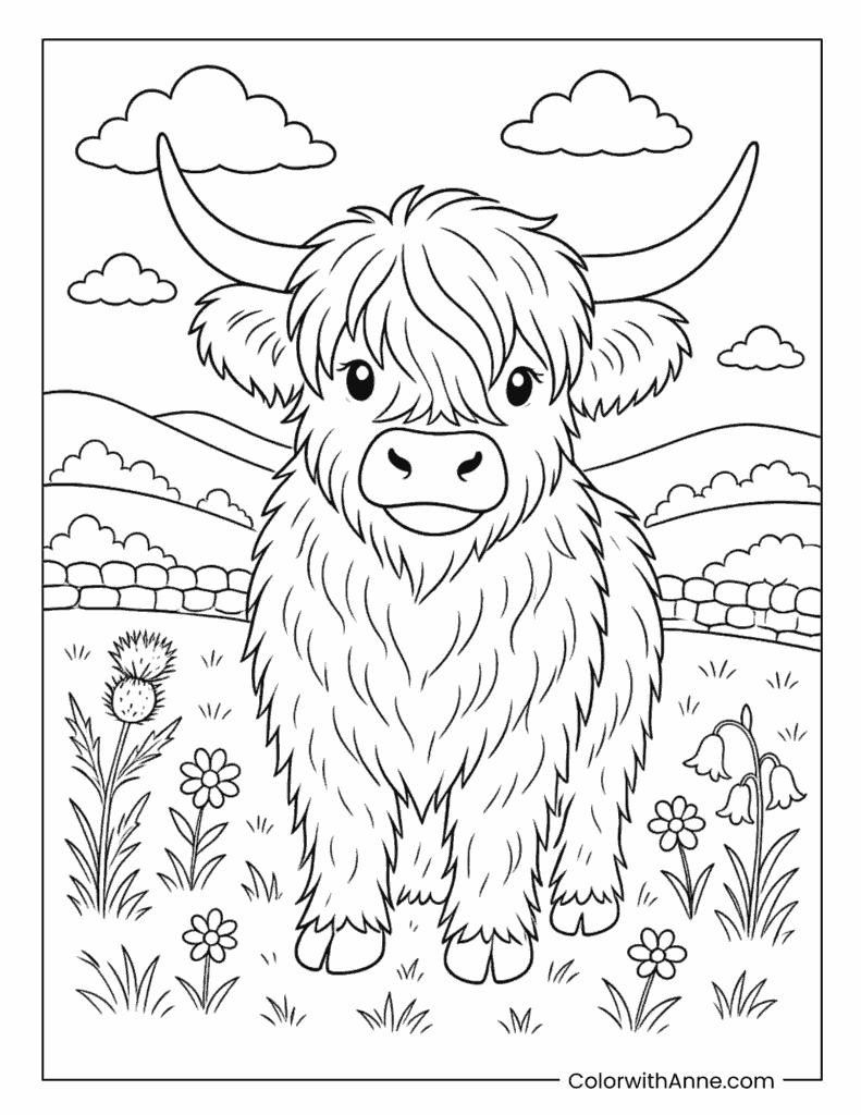 Highland Cow Standing In Rolling Hills Coloring Page