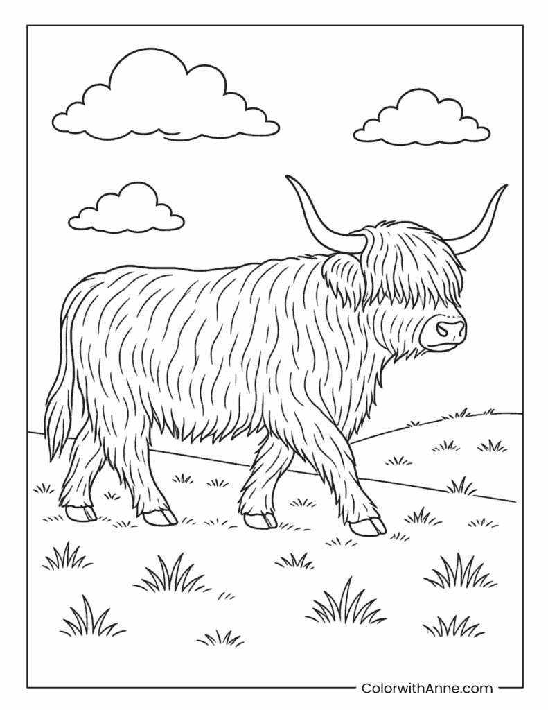 Highland Cow Walking Across Pasture Coloring Page