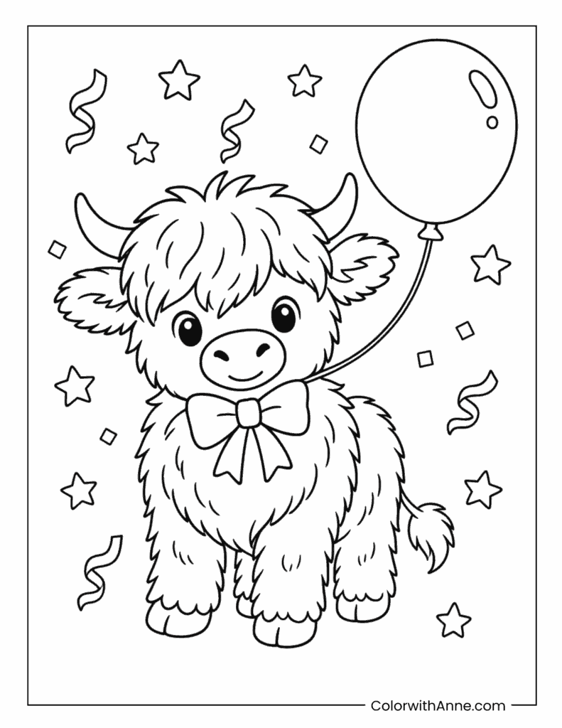 Highland Cow With Balloon And Bow Coloring Page