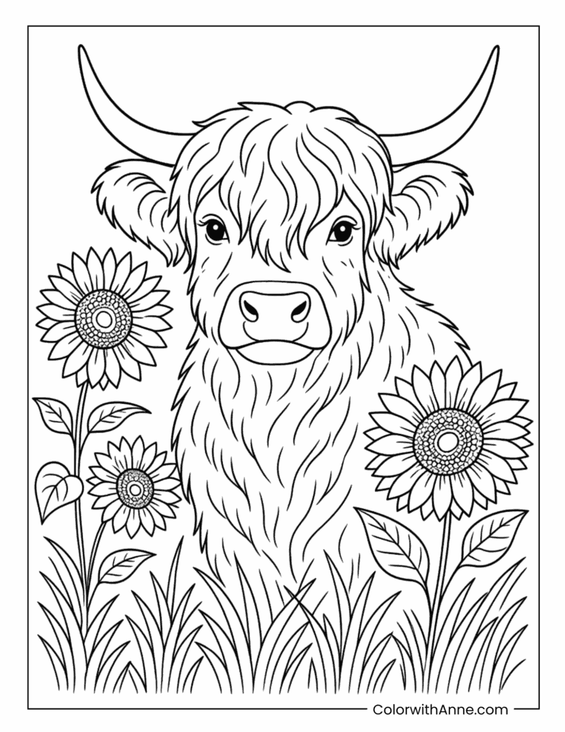 Highland Cow With Sunflowers Coloring Page