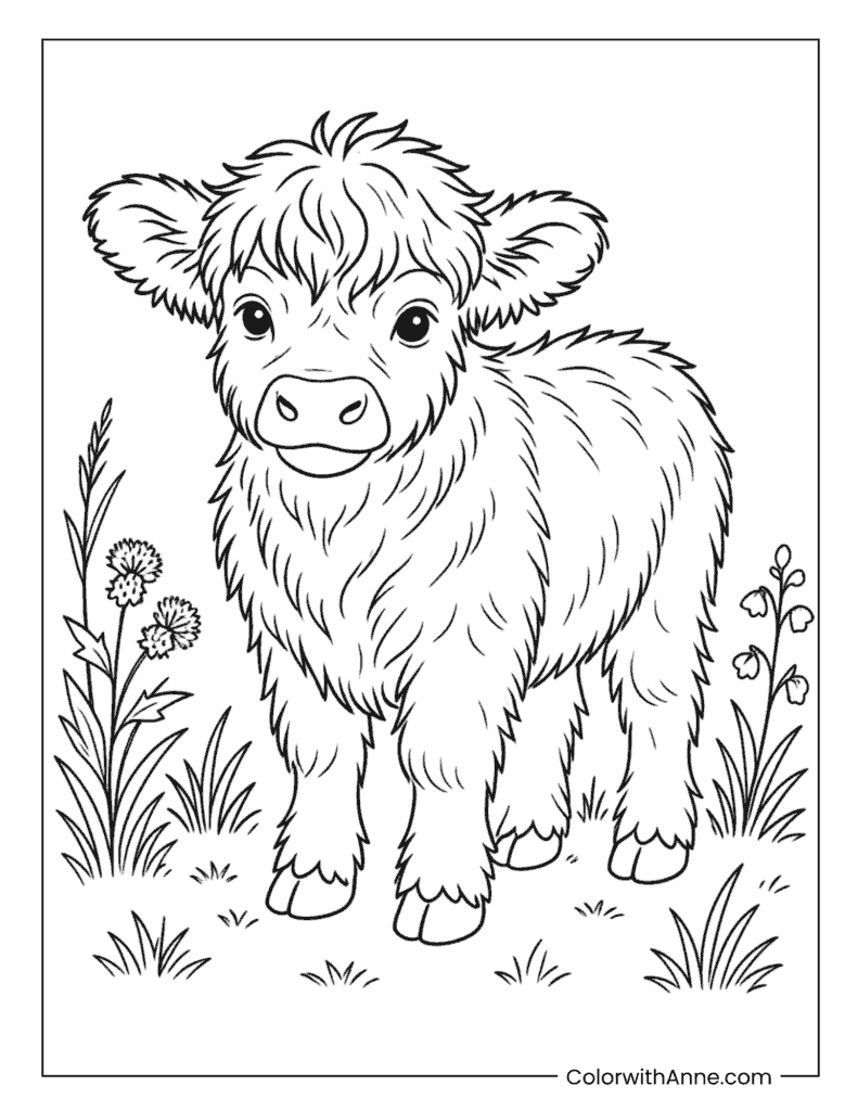 Highland Cow Young Cow In Meadow Coloring Page