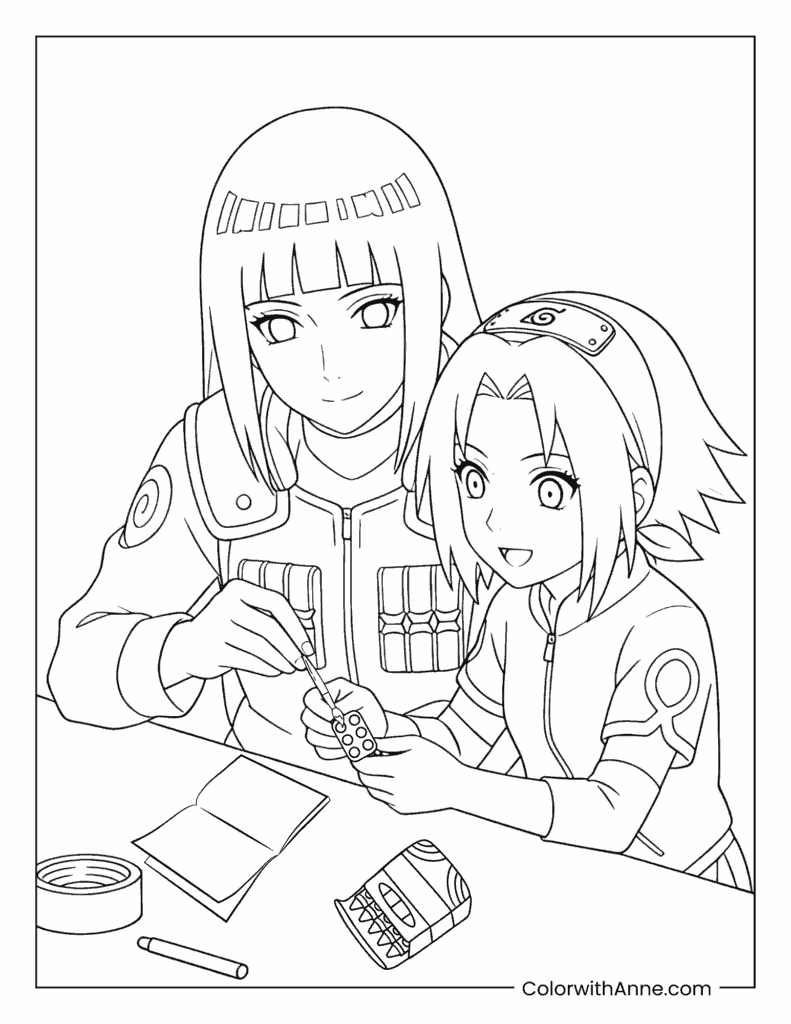 Hinata Hyuga and Sakura Painting Together Coloring Page