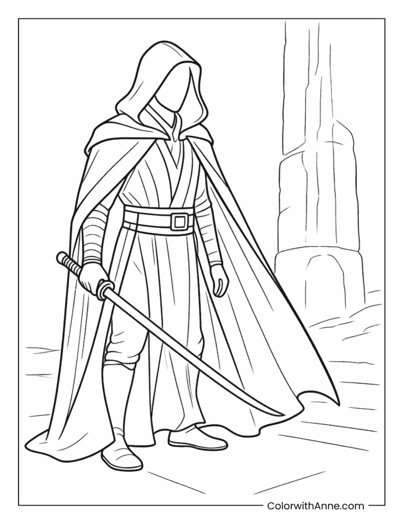 Hooded Jedi Warrior with Sword Coloring Page