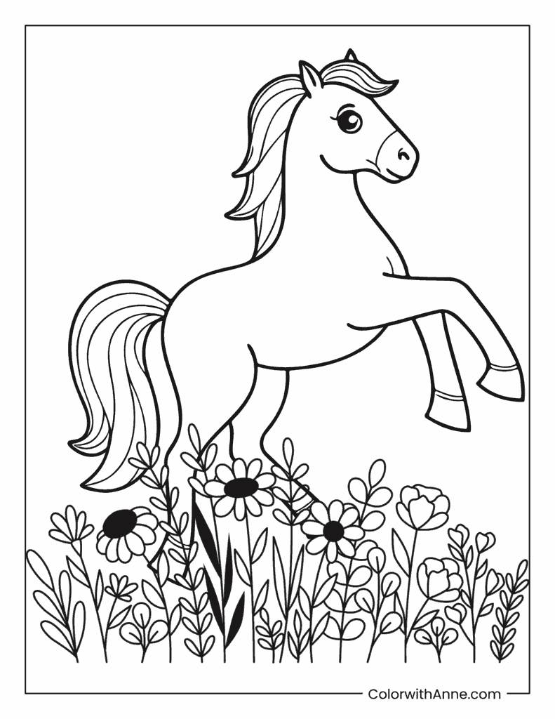 Horse and Wild Flowers Coloring Page