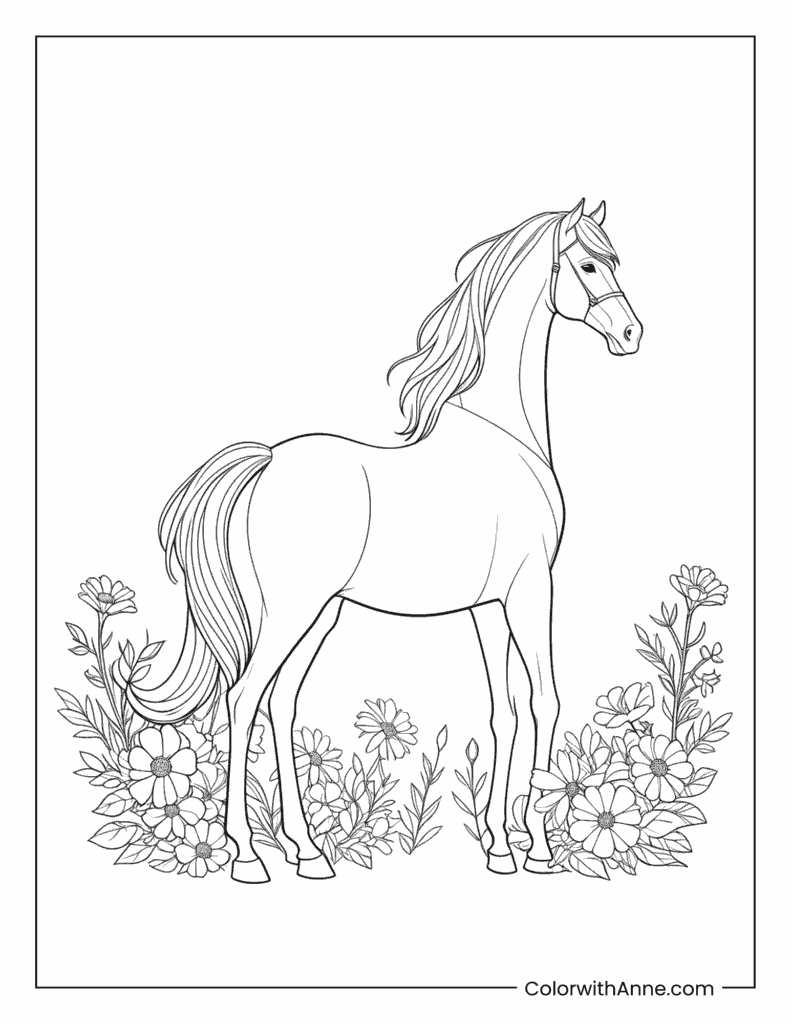 Horse Surrounded by Flowers Coloring Page