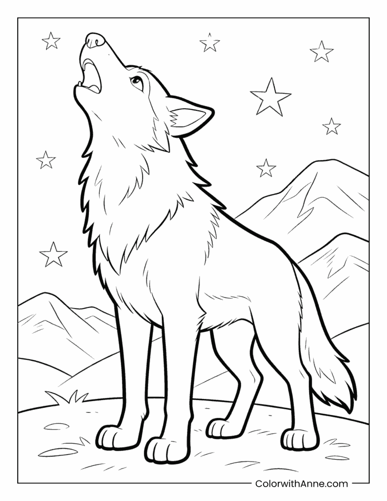 Howling Wolf Under a Starry Night Sky Coloring Page