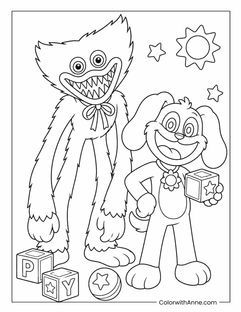 Huggy Wuggy And DogDay In Playroom Coloring Page