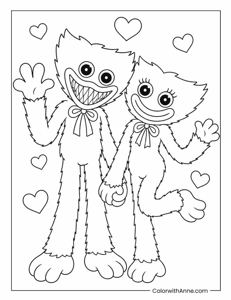 Huggy Wuggy And Kissy Missy Waving With Hearts Coloring Page