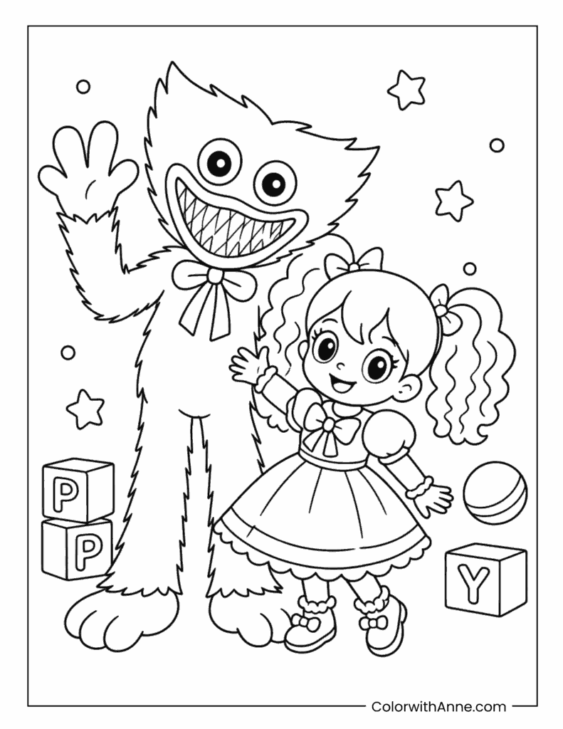 Huggy Wuggy And Poppy Waving Together Coloring Page