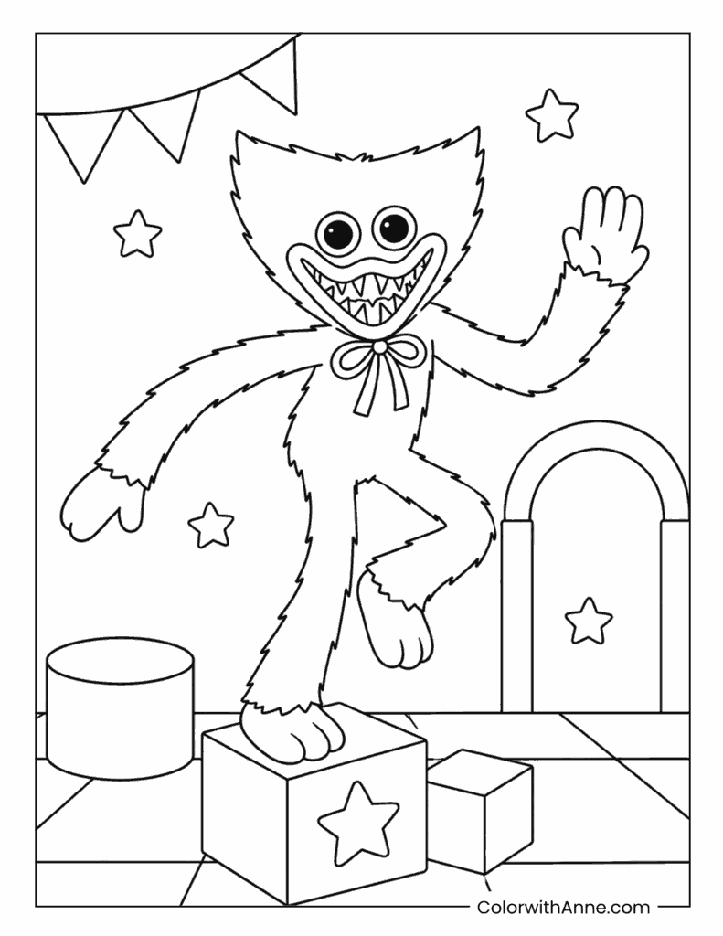 Huggy Wuggy Balancing On Toy Blocks Coloring Page