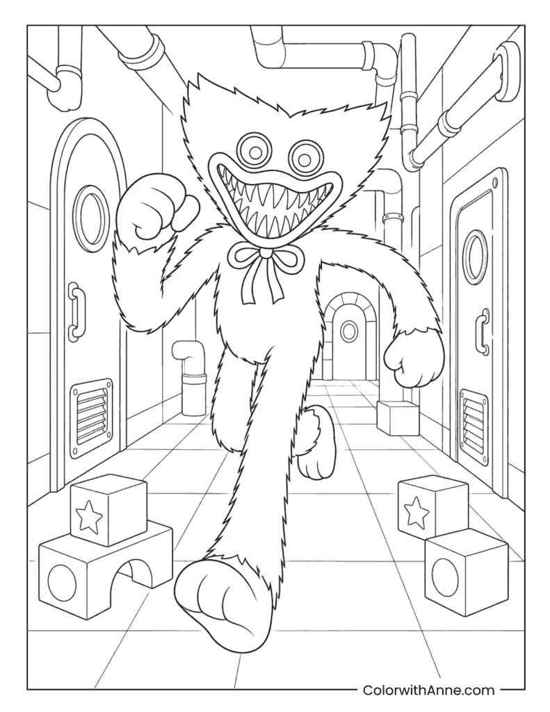 Huggy Wuggy Entering Factory Doorway Coloring Page