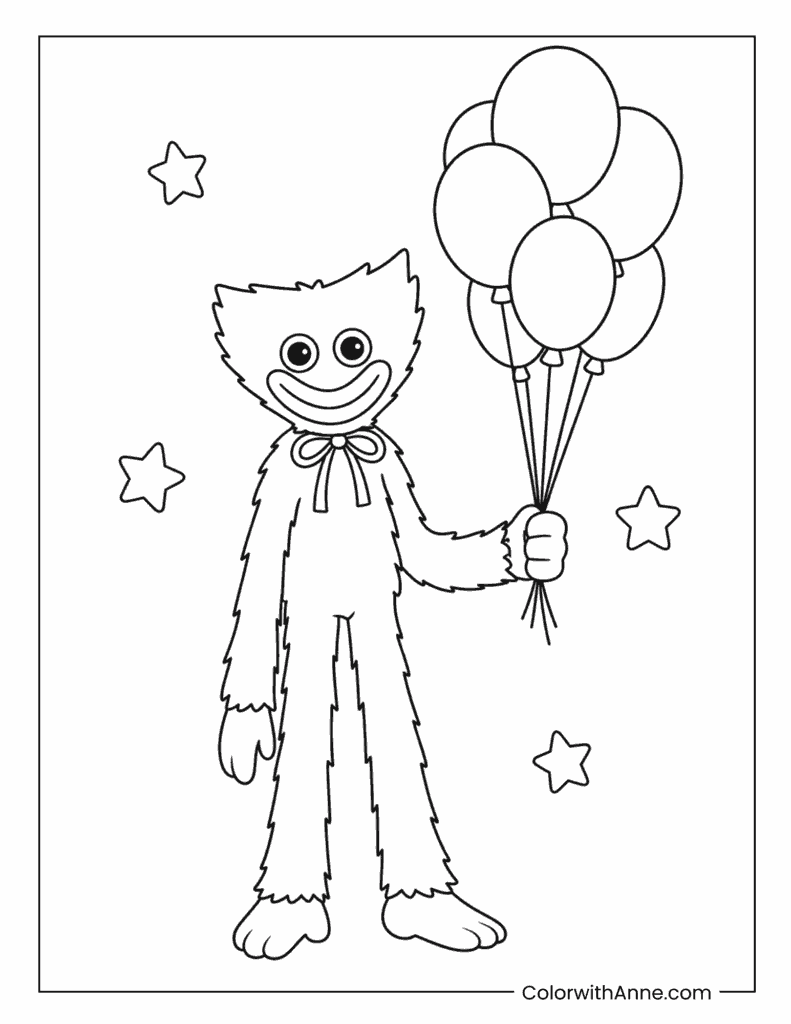 Huggy Wuggy Holding Balloon Bunch Coloring Page