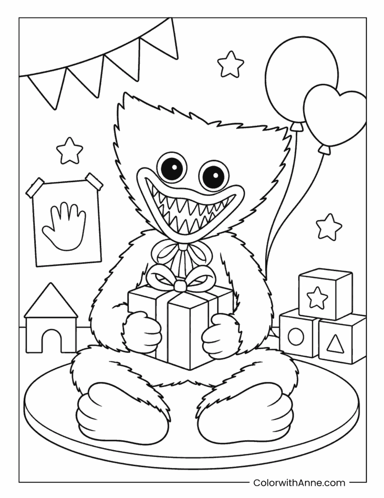 Huggy Wuggy Holding Wrapped Gift Coloring Page
