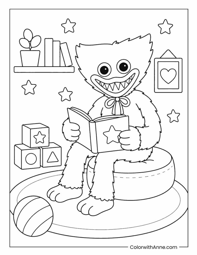 Huggy Wuggy Reading Book In Playroom Coloring Page
