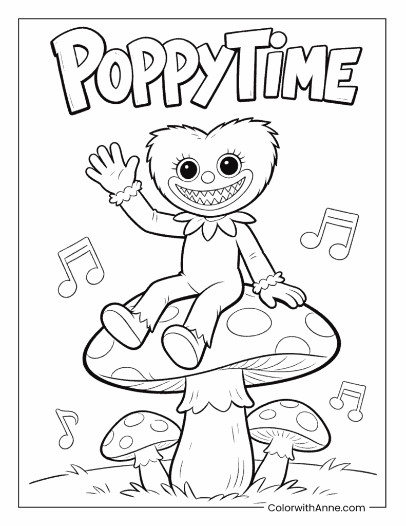 Huggy Wuggy Sitting on a Giant Mushroom Poppy Playtime Coloring Page