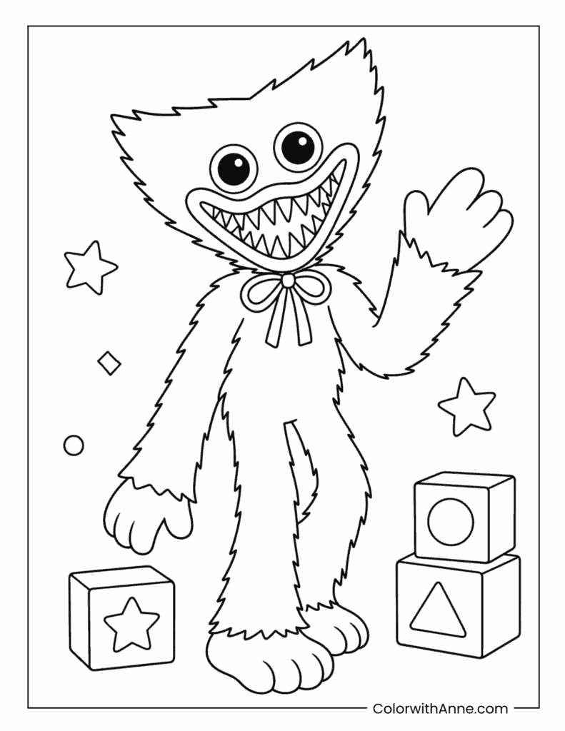 Huggy Wuggy Standing Beside Blocks Coloring Page