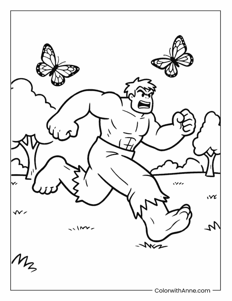 Hulk Chasing Butterflies Coloring Page