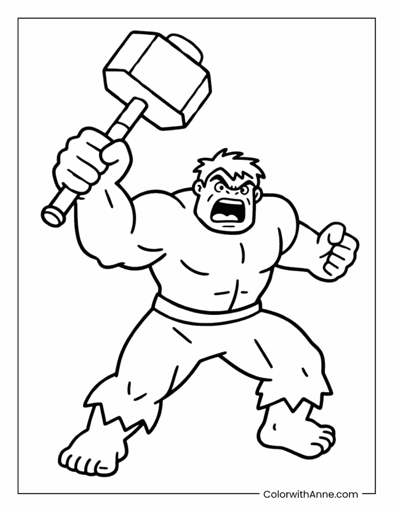 Hulk Lifting Thor’s Hammer Coloring Page