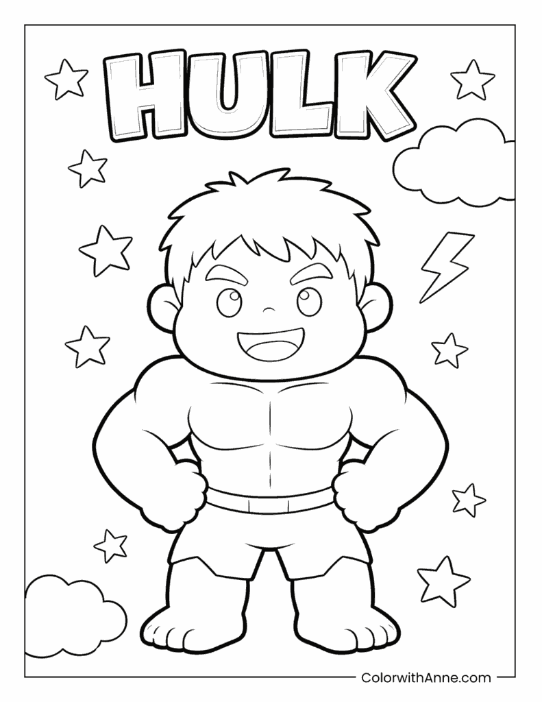 Hulk Smiling with Stars and Lightning Coloring Page