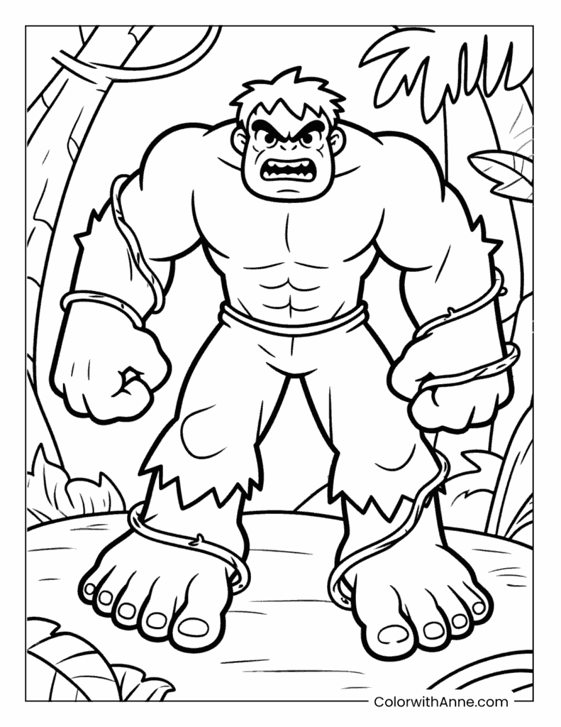 Hulk Tangled in Vines in a Jungle Coloring Page
