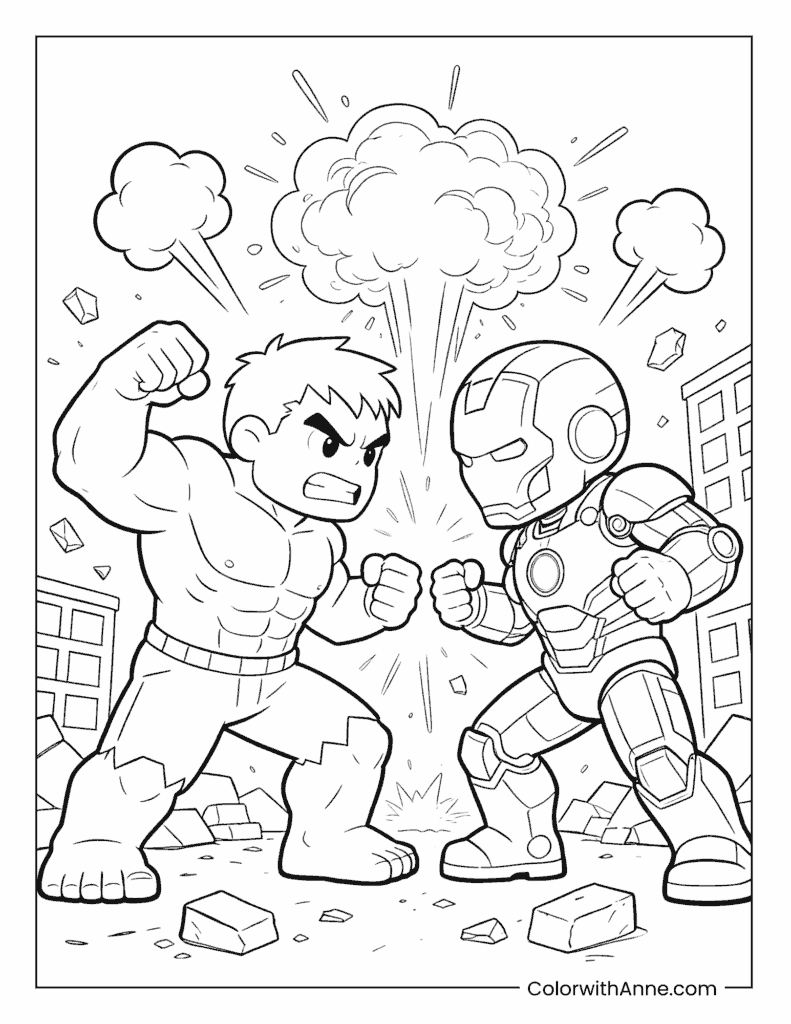 Hulk vs. Iron Man in a City Battle Coloring Page