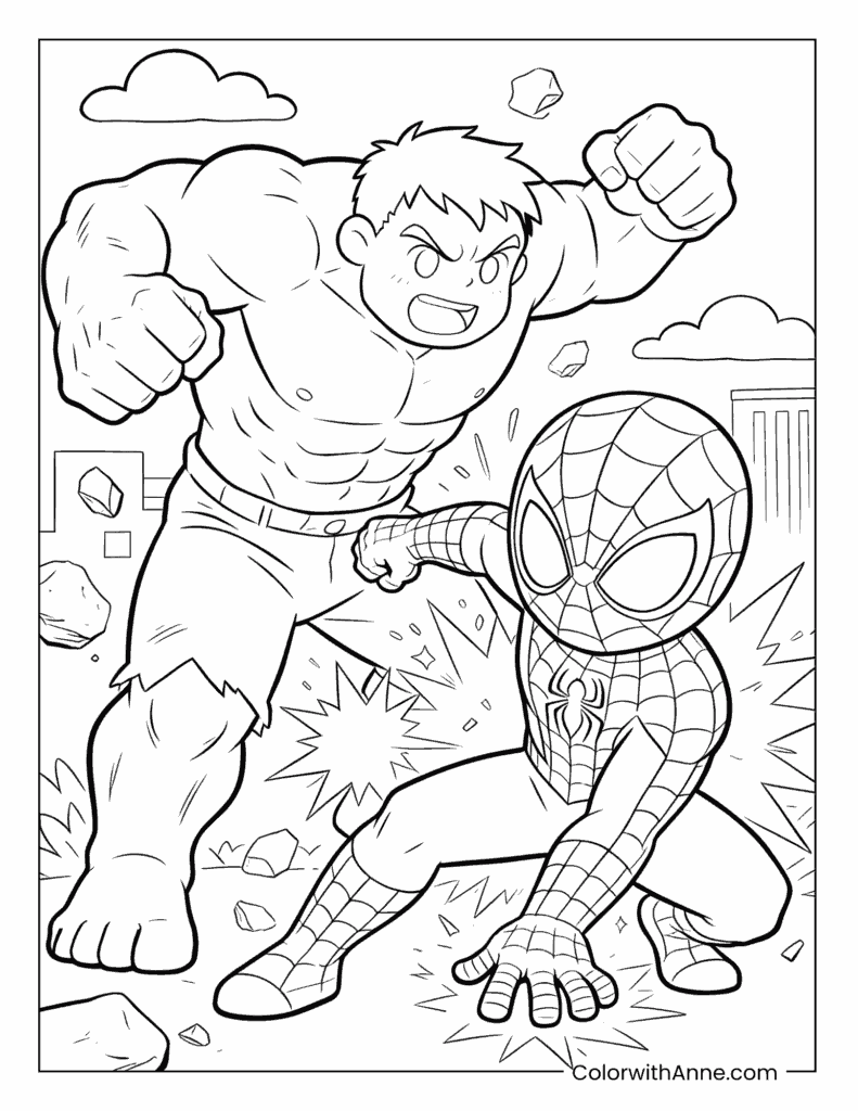 Hulk vs. Spider-Man Battle Scene Coloring Page