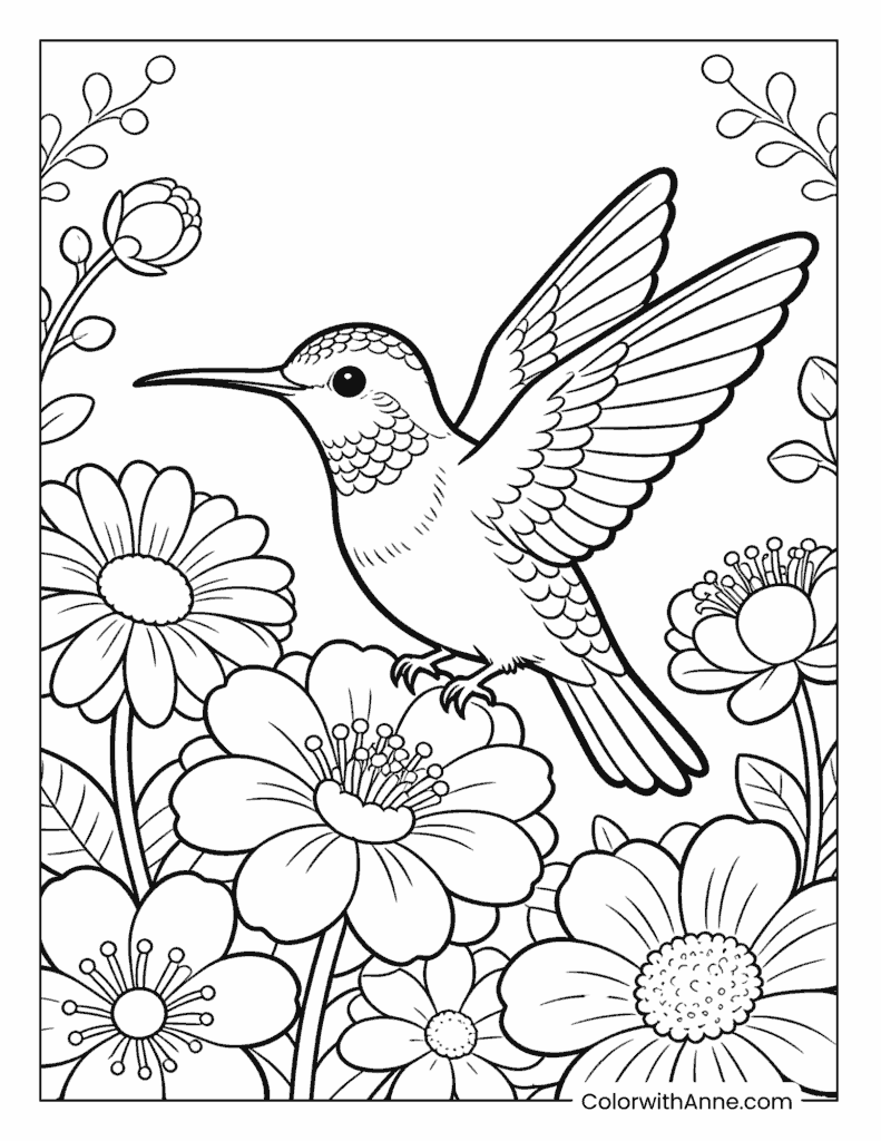 Hummingbird and Blooming Flowers Bird Coloring Page