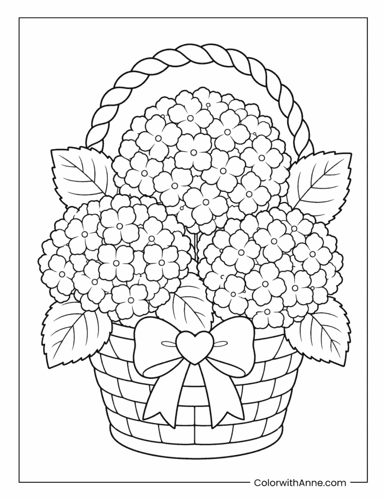 Hydrangea Flower Basket with Bow Coloring Page