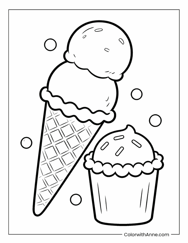 Ice Cream Cone and Cupcake Duo Coloring Page
