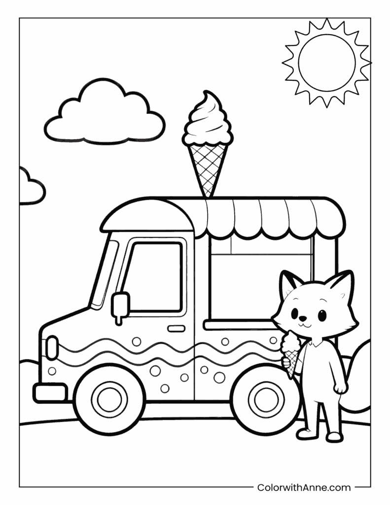 Ice Cream Truck and Happy Fox Summer Coloring Page