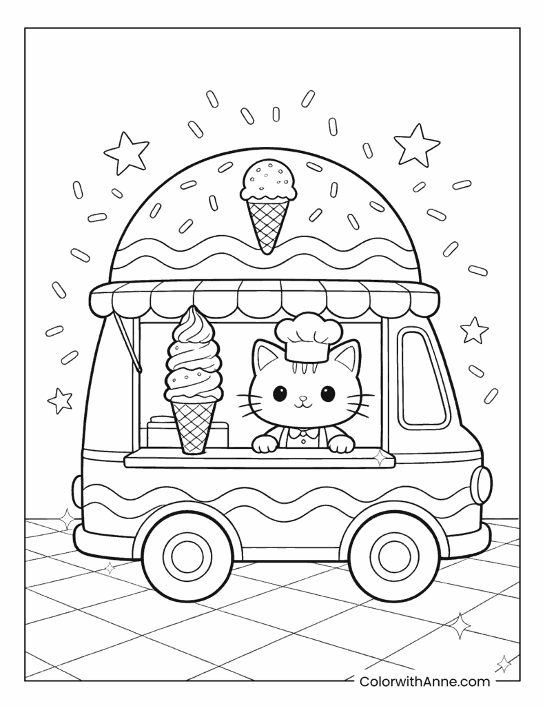 Ice Cream Truck with Chef Cat Coloring Page