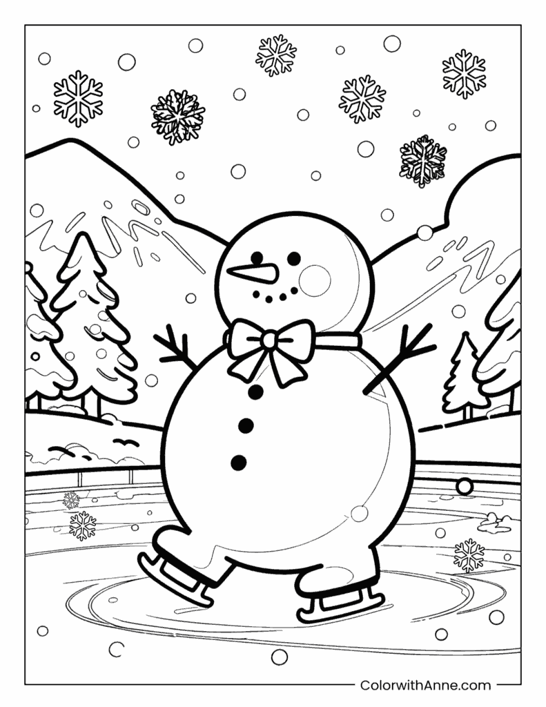Ice Skating Snowman Winter Scene Coloring Page