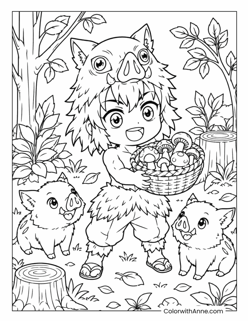 Inosuke Gathering Mushrooms with Baby Boars Coloring Page