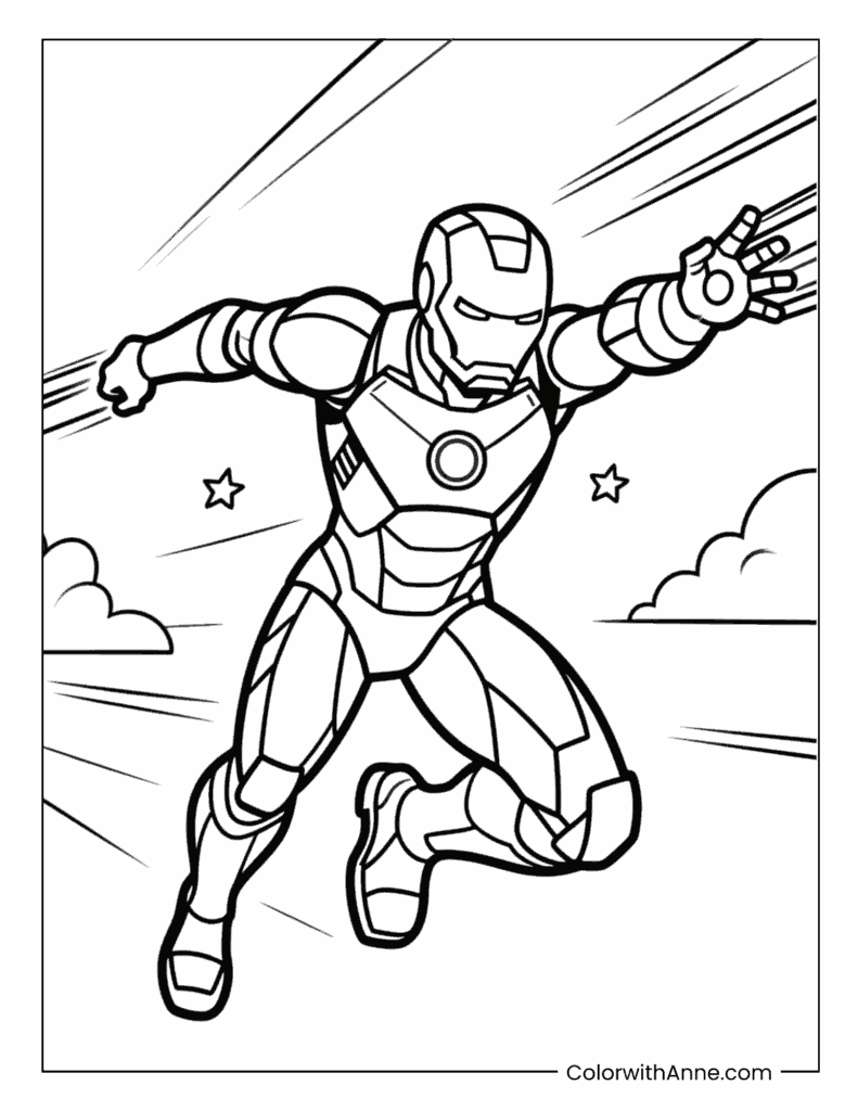 Iron Man in a Dynamic Flight Pose Coloring Page