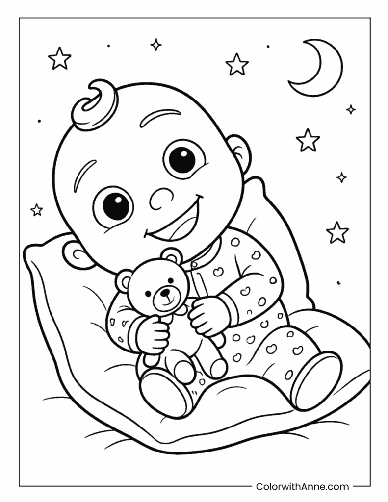 JJ Cocomelon Bedtime Teddy Bear Coloring Page