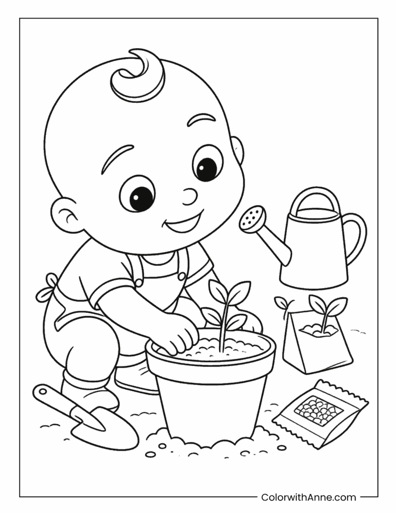 JJ Cocomelon Planting In Pot Coloring Page