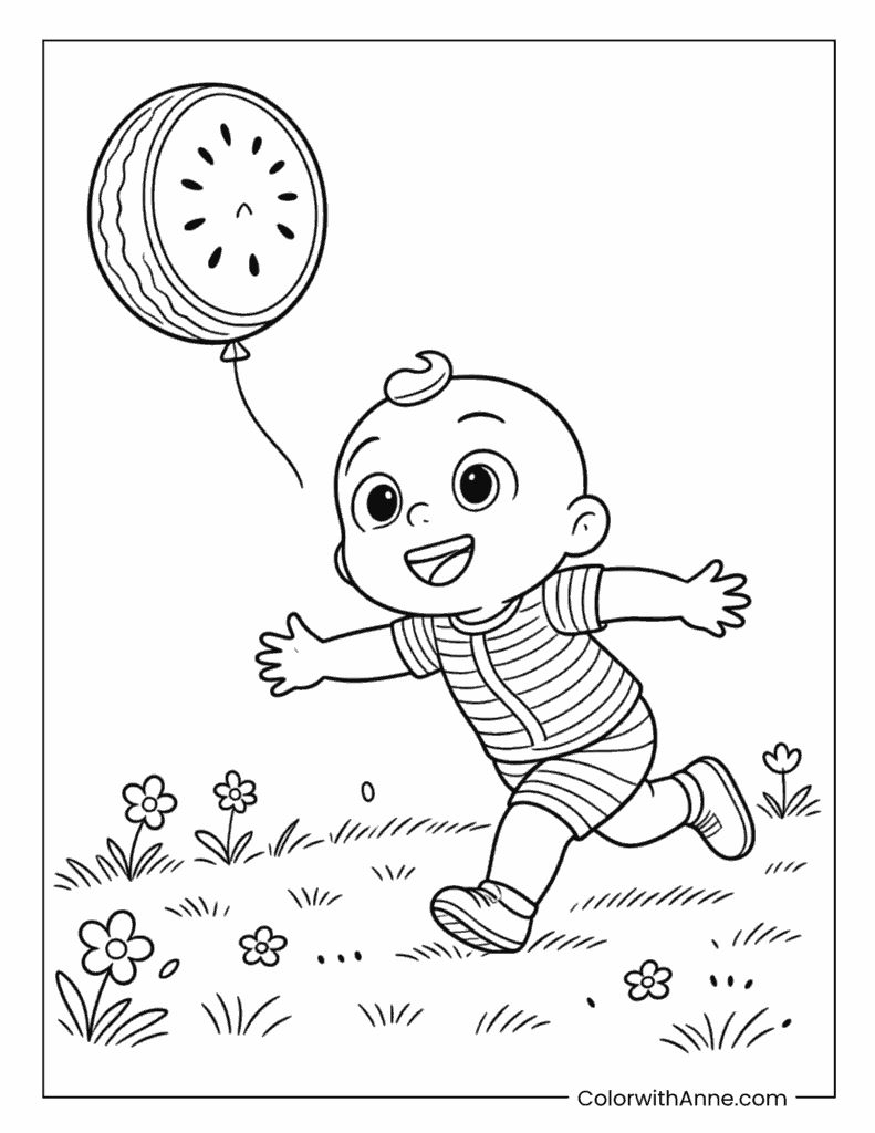 JJ Cocomelon Running With Watermelon Balloon Coloring Page