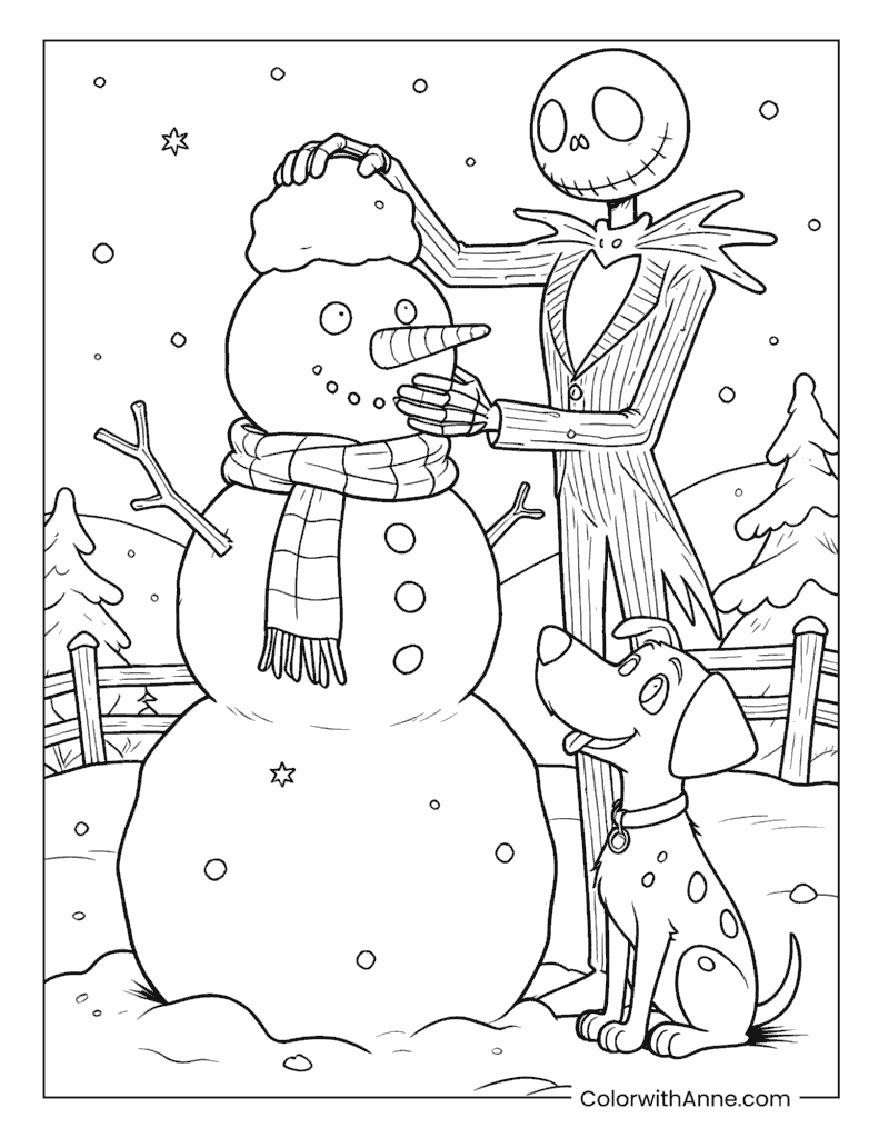 Jack Skellington Building a Snowman with Zero Coloring Page