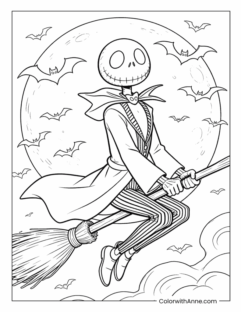 Jack Skellington Flying on a Broom Coloring Page