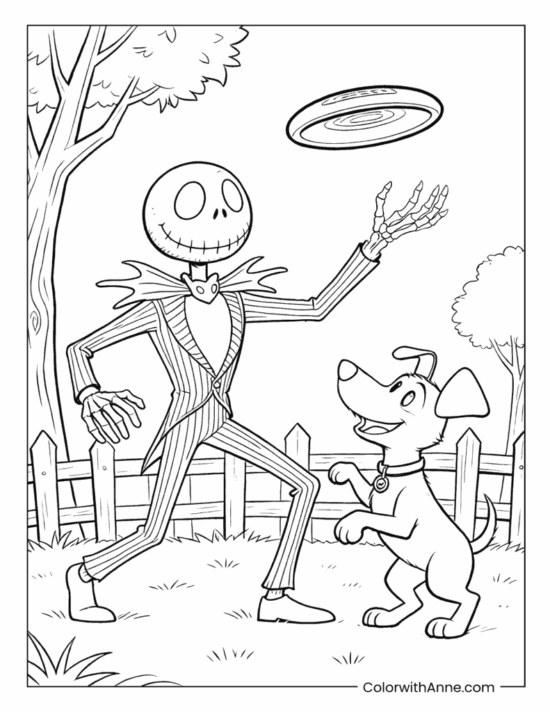 Jack Skellington Playing with a Dog (Zero) Coloring Page