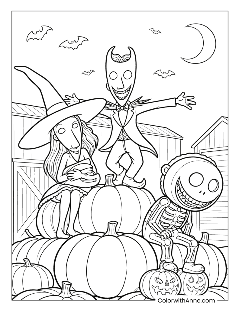 Jack Skellington Sally and Barrel in a Pumpkin Patch Coloring Page