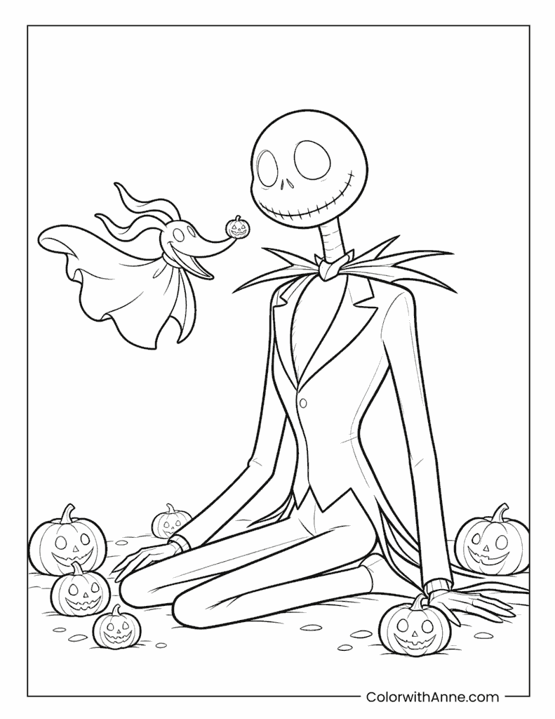 Jack Skellington Sitting with Zero Coloring Page